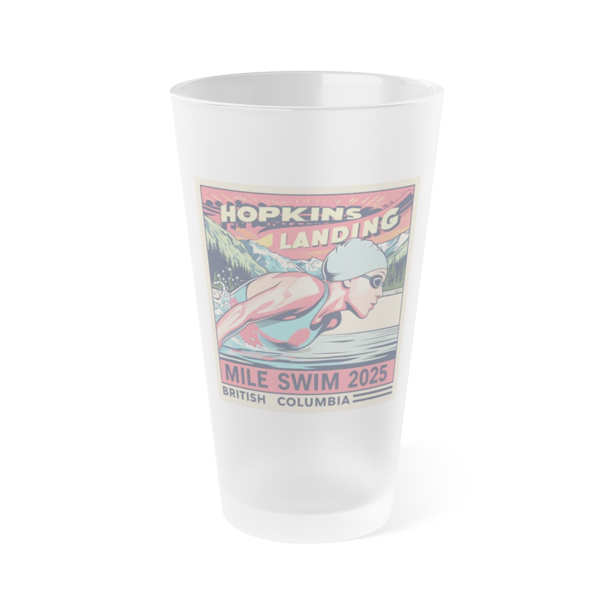 Frosted Pint Glass with Vintage Swim Art | 16oz Beer Glass for Beach Lovers, Gift for Swimmers, Summer Party Decor, Sports Fan Drinkware