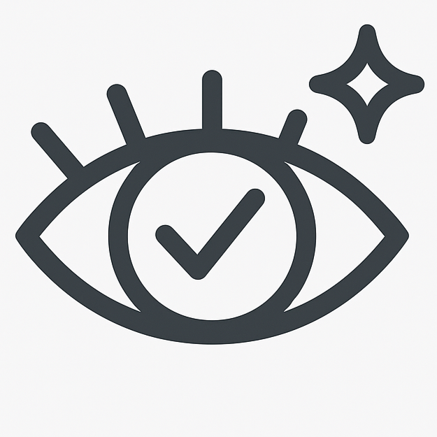 Icon of an eye with a check mark inside, symbolizing verification or quality assurance.