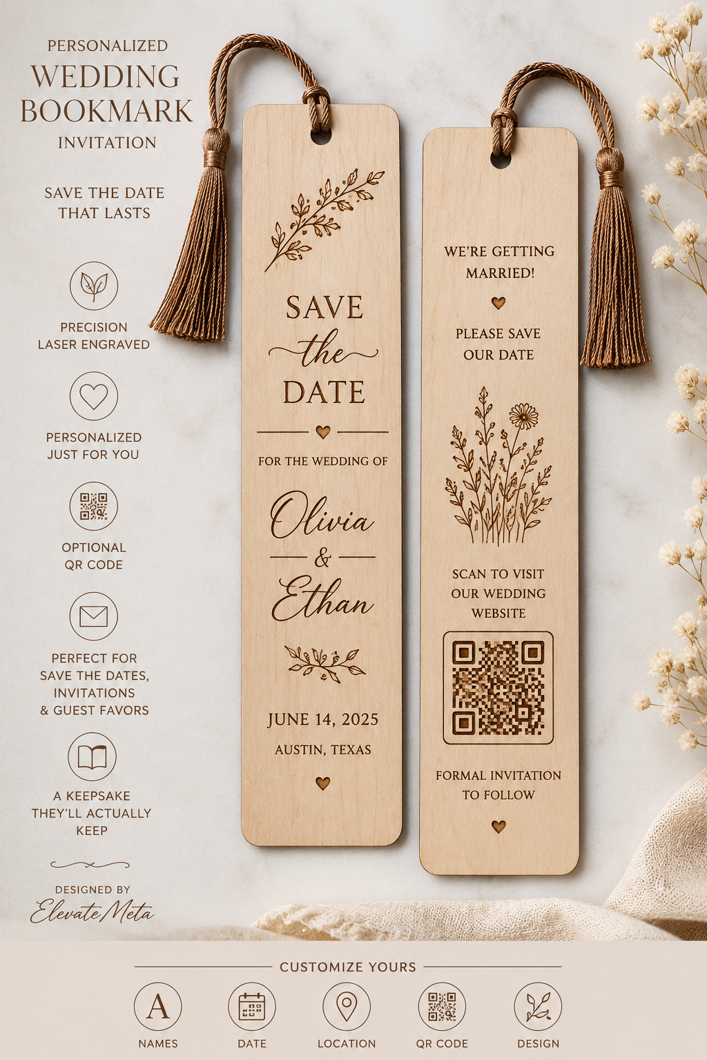 Personalized Wooden Wedding Bookmark Save The Date
