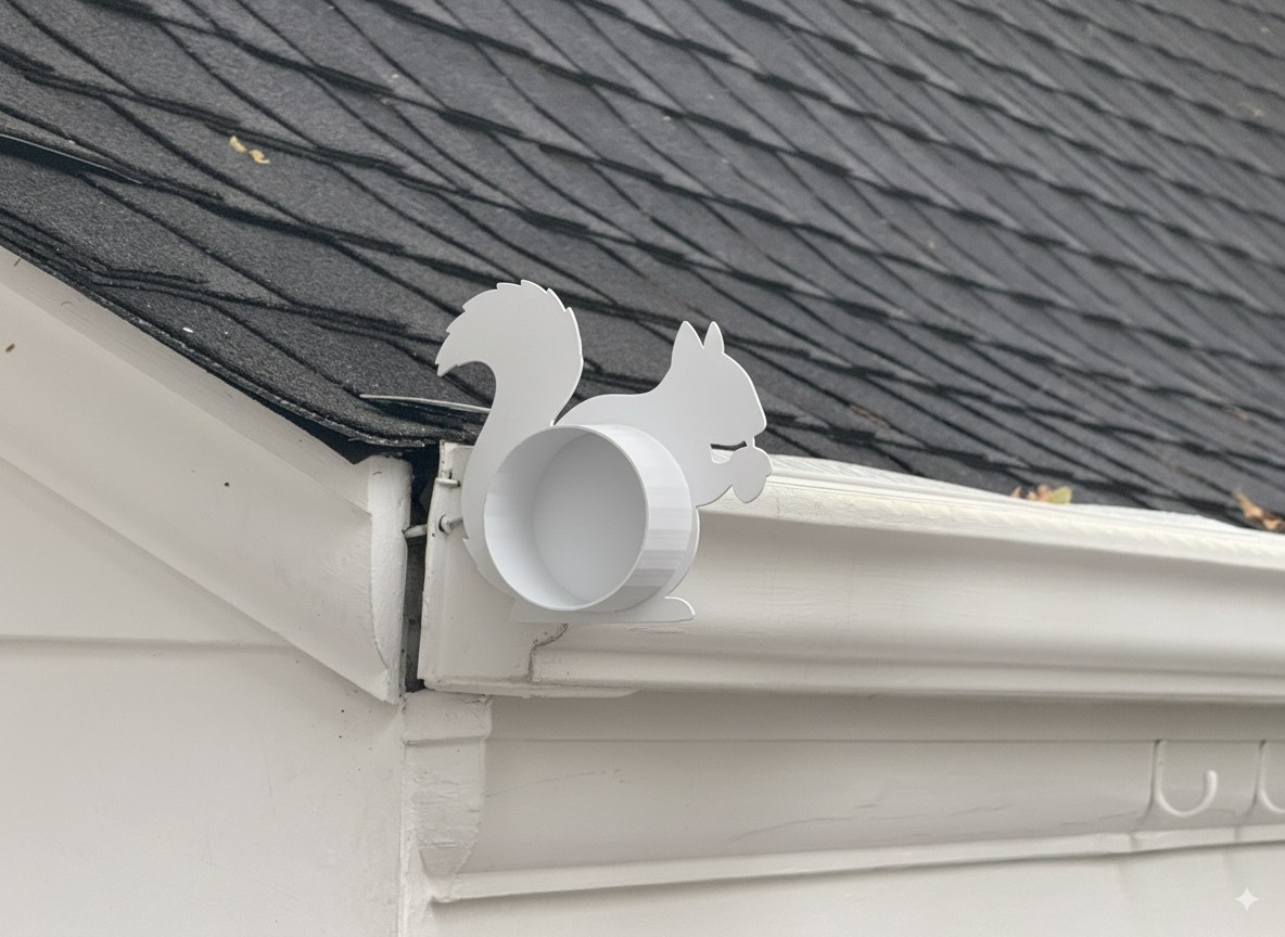 White squirrel-shaped rain gutter on a roof